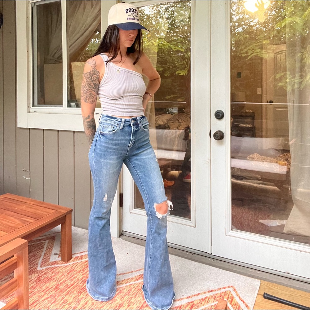 Vevet Los Angeles Long Flare Distressed High Waisted Jean